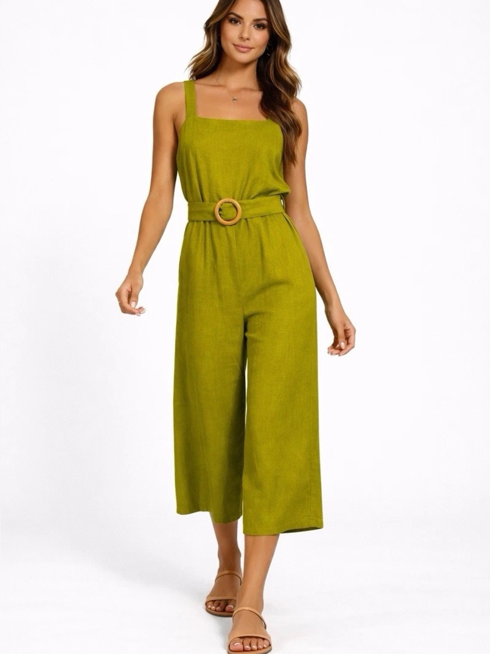Monteau Small Green Square Neck Linen Belted Cropped Wide Leg Jumpsuit NWOT